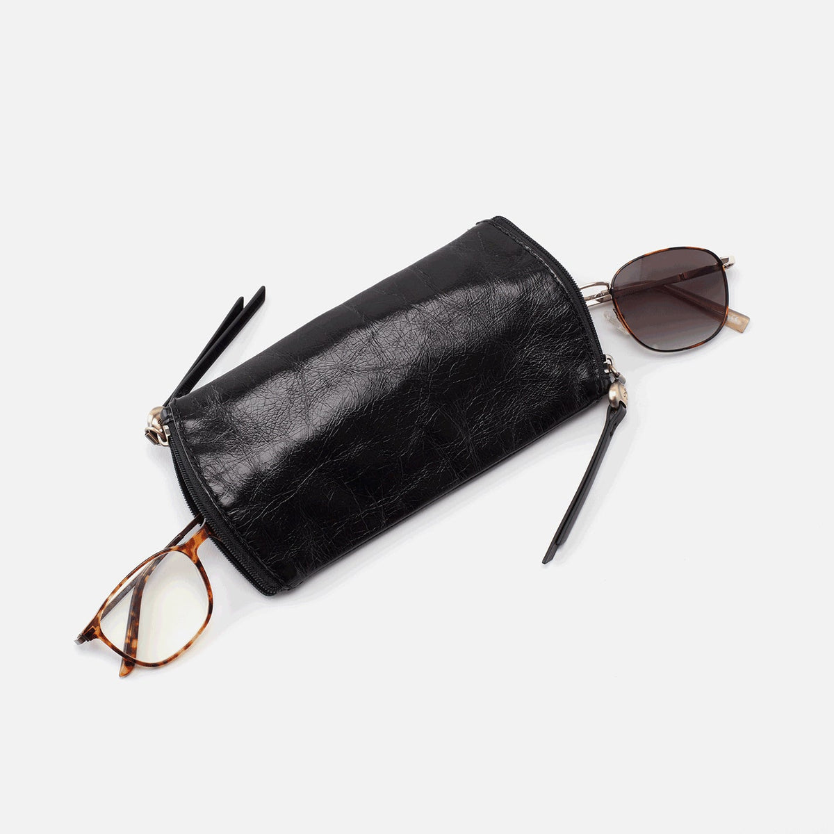 Spark Double Eyeglass Case In Polished Leather - Black | HOBO New