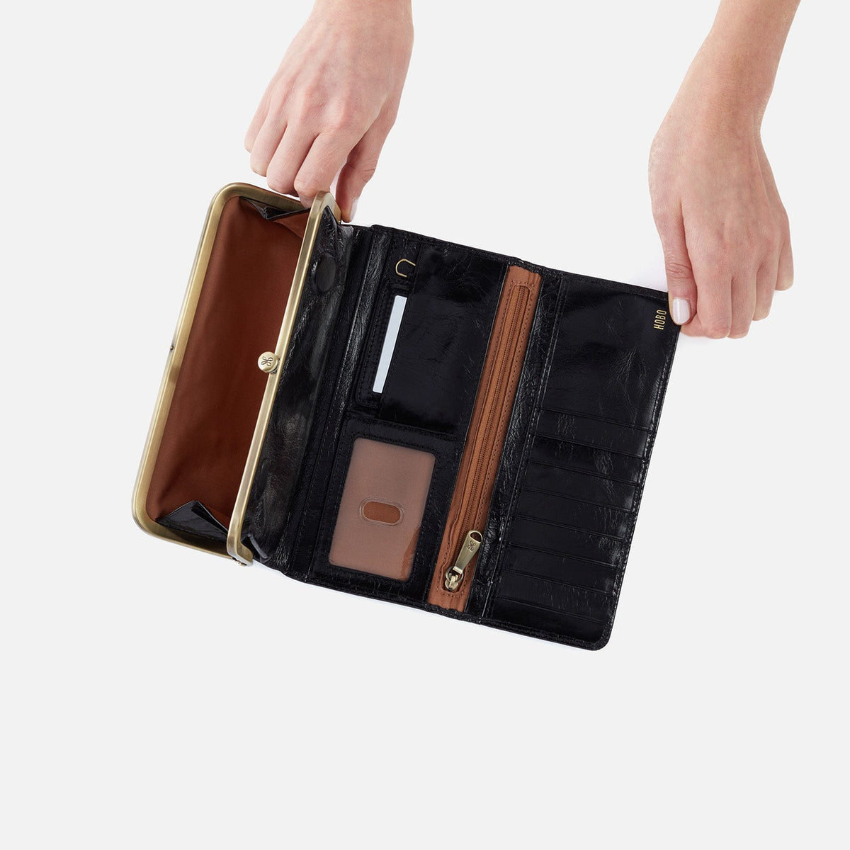 Rachel Continental Wallet In Polished Leather - Black | HOBO Best Price