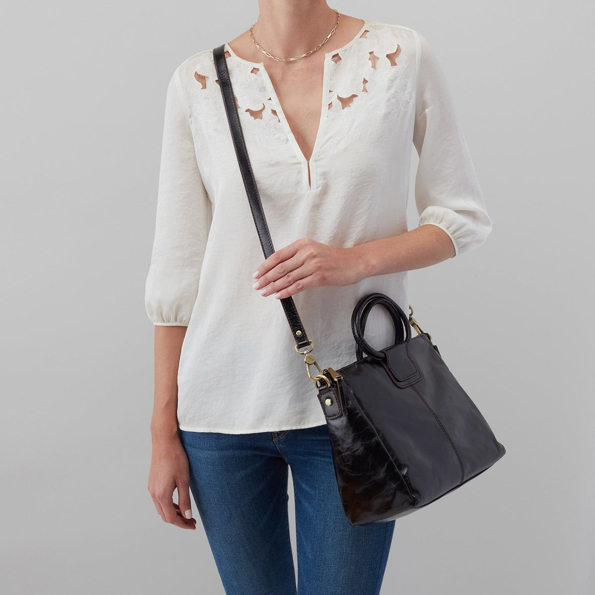 Sheila Medium Satchel In Polished Leather - Black | HOBO Trusted