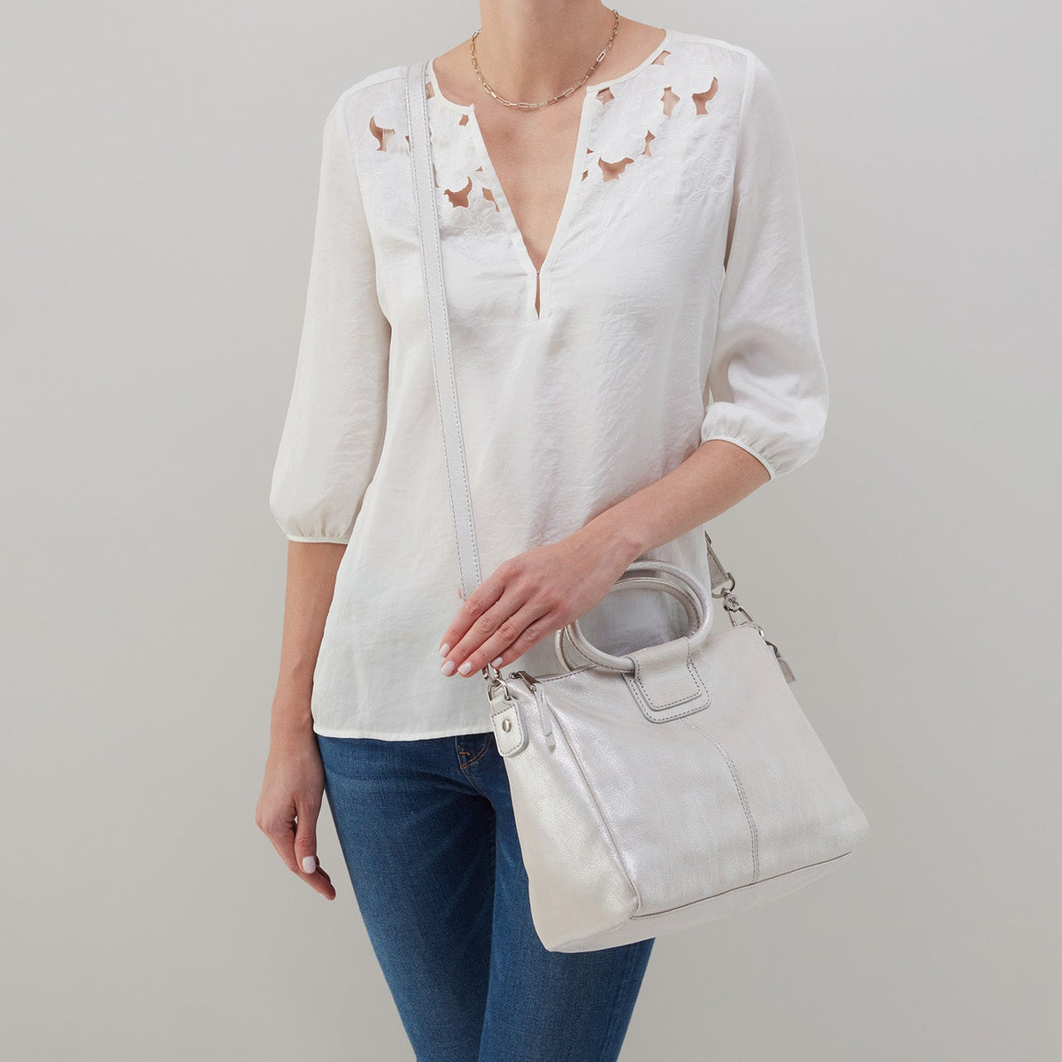 Sheila Medium Satchel In Metallic Leather - Silver | HOBO New