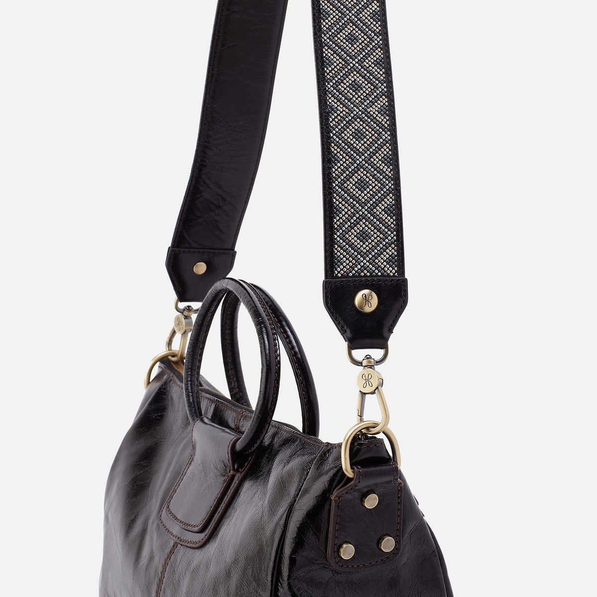 Beaded Guitar Strap In Polished Leather - Black | HOBO Top Pick