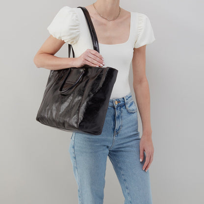 Sheila East-West Tote In Polished Leather - Black | HOBO New