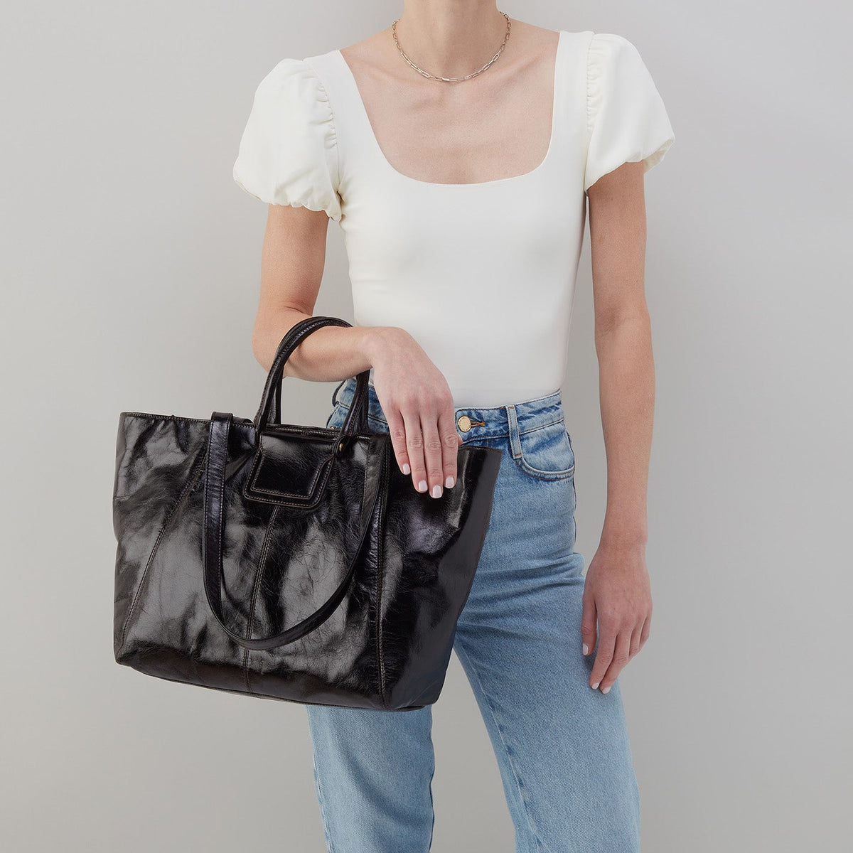 Sheila East-West Tote In Polished Leather - Black | HOBO New