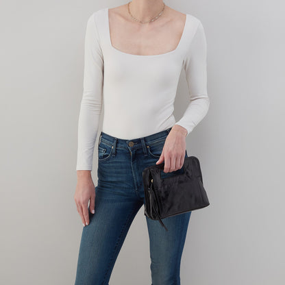 Ace Clutch In Polished Leather - Black | HOBO Great Value