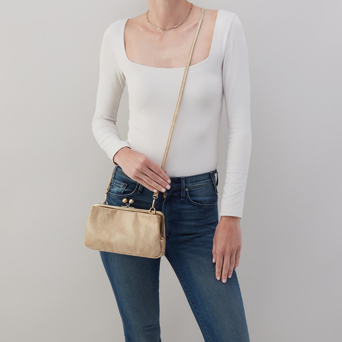 Lauren Frame Crossbody In Metallic Leather - Gold Leaf | HOBO Great Value