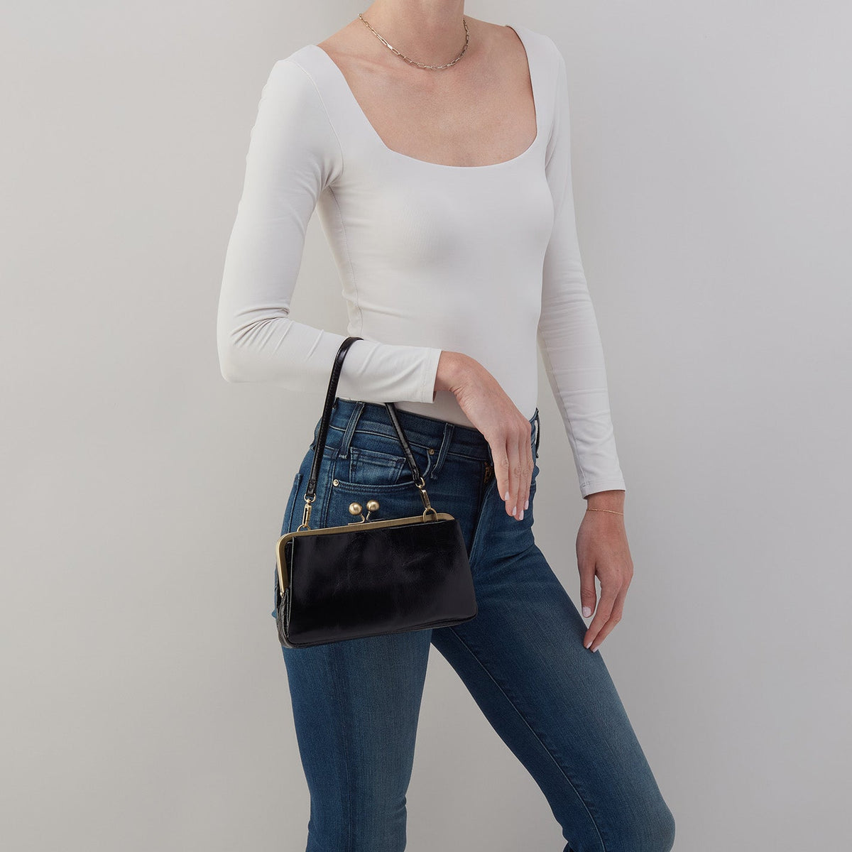 Lauren Frame Crossbody In Polished Leather - Black | HOBO Signature
