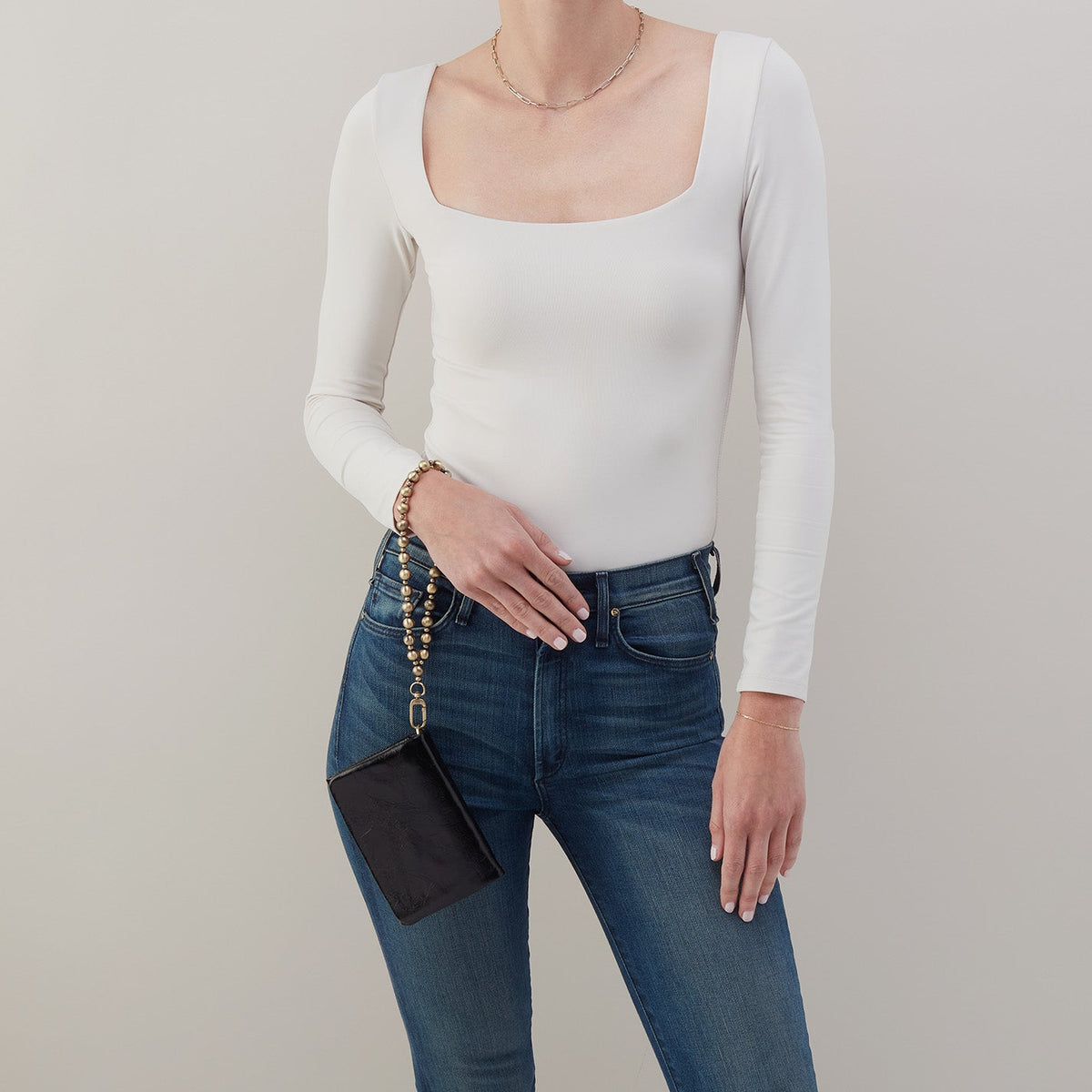 Ross Bead Wristlet In Polished Leather - Black | HOBO Signature