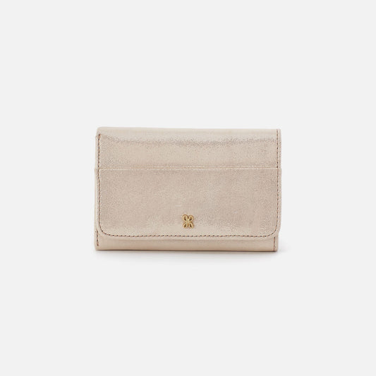 Jill Trifold Wallet In Metallic Leather - Sand Shimmer | HOBO Deals