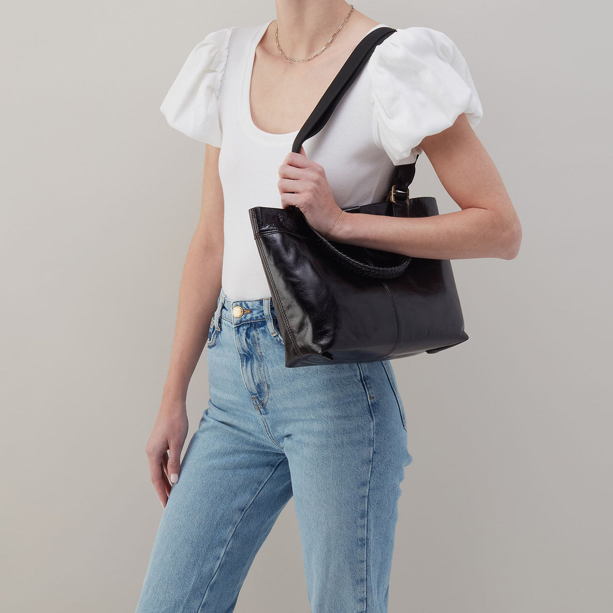 Romy Medium Tote In Polished Leather - Black | HOBO Deals