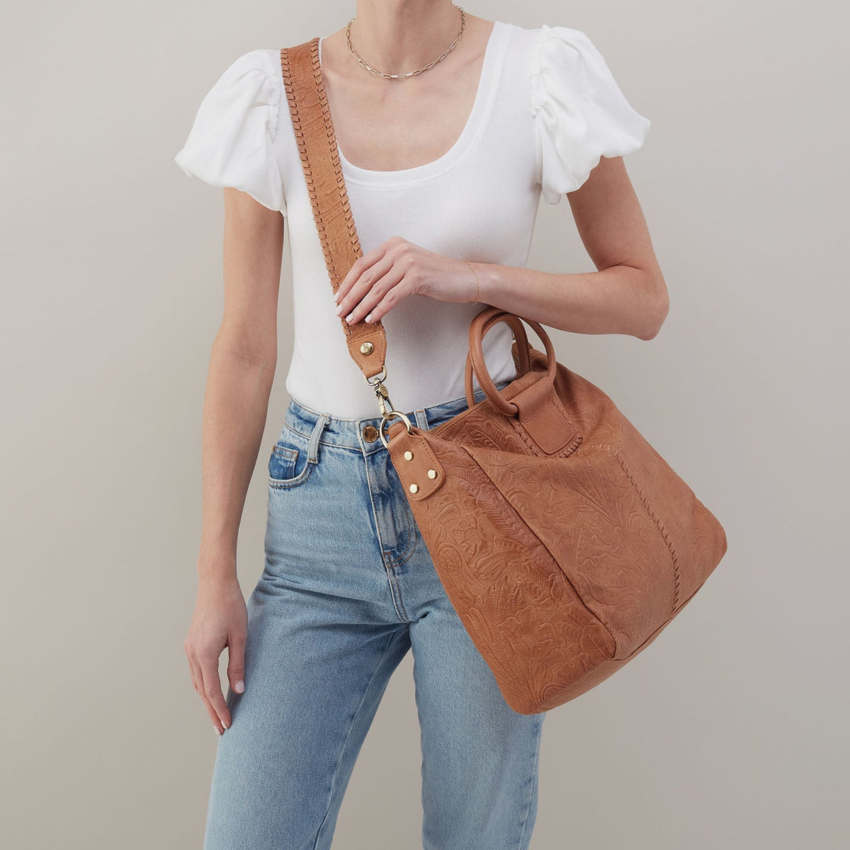 Sheila Large Satchel In Tooled Embossed Leather - Saddle Tooled Emboss | HOBO Special Offer