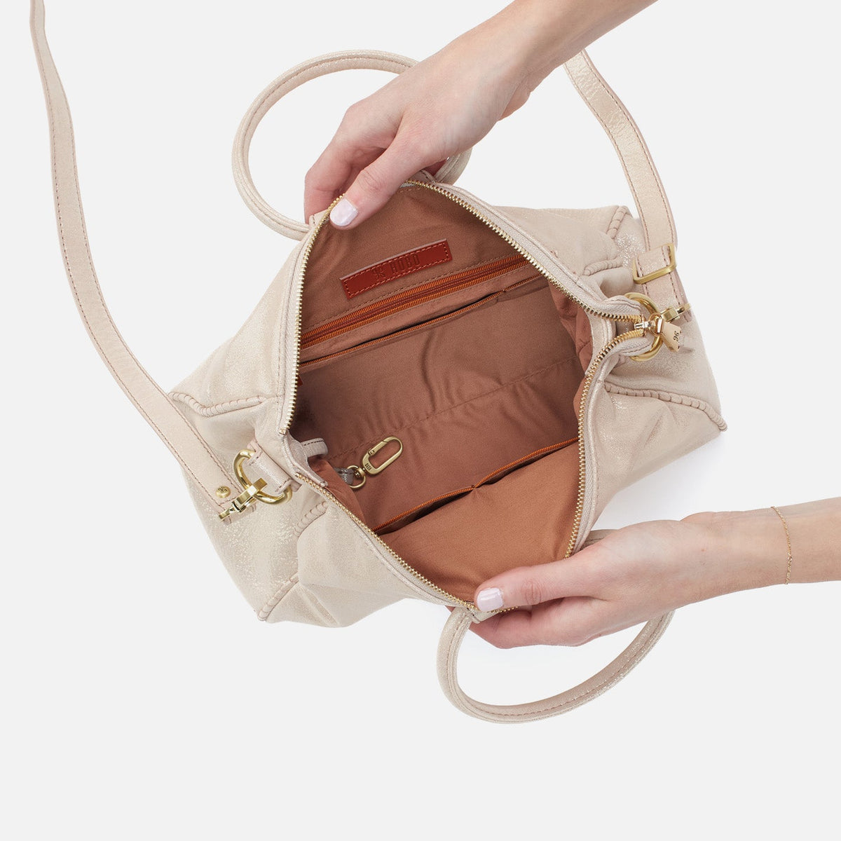 Sheila Medium Satchel In Metallic Leather - Sand Shimmer | HOBO Customer Favorite