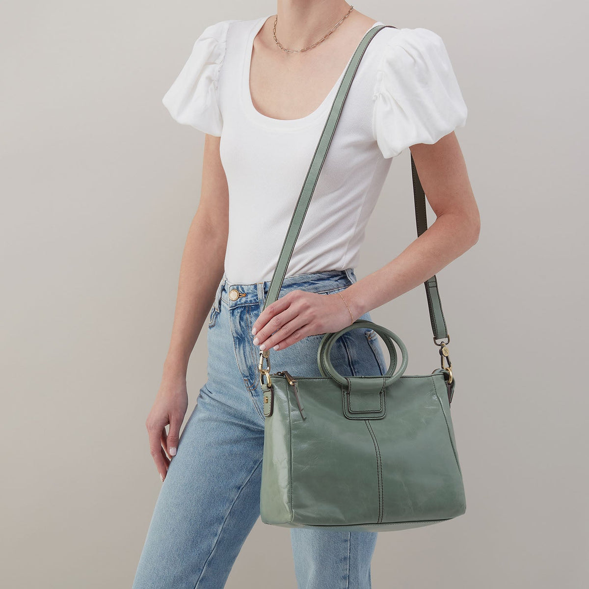 Sheila Medium Satchel In Polished Leather - Jade | HOBO Classic