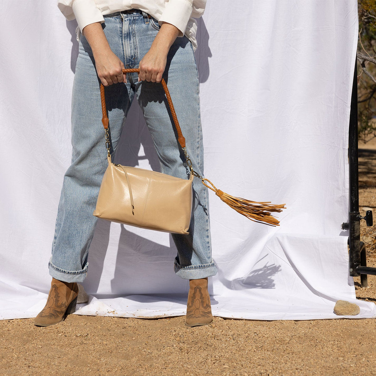 Avon Shoulder Bag In Polished Leather - Sand | HOBO Exclusive