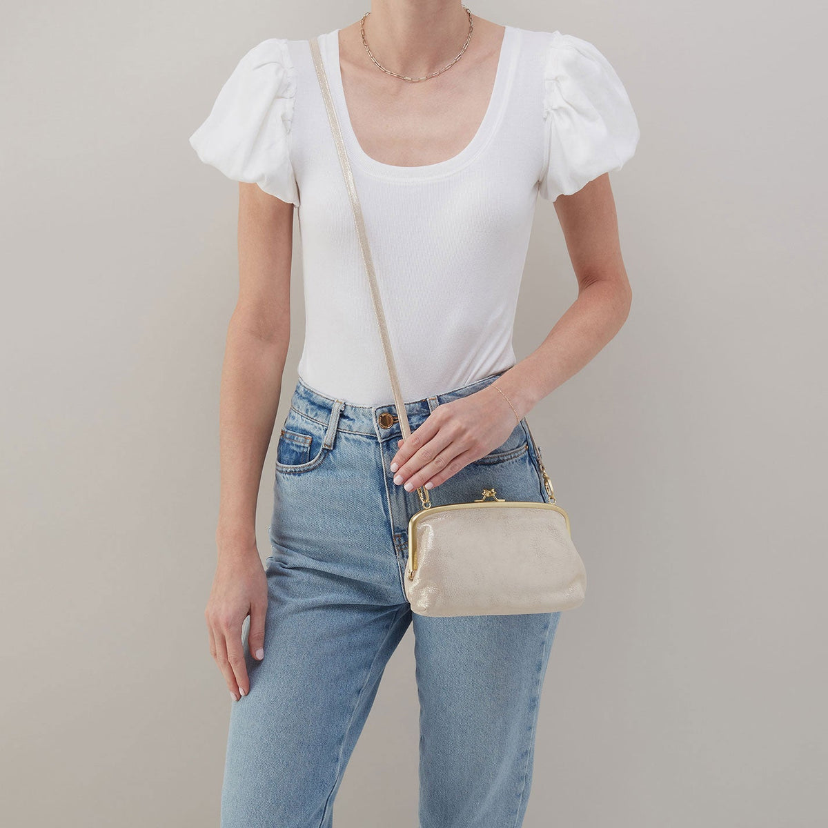 Cora Wallet Crossbody In Metallic Leather - Sand Shimmer | HOBO Top Pick