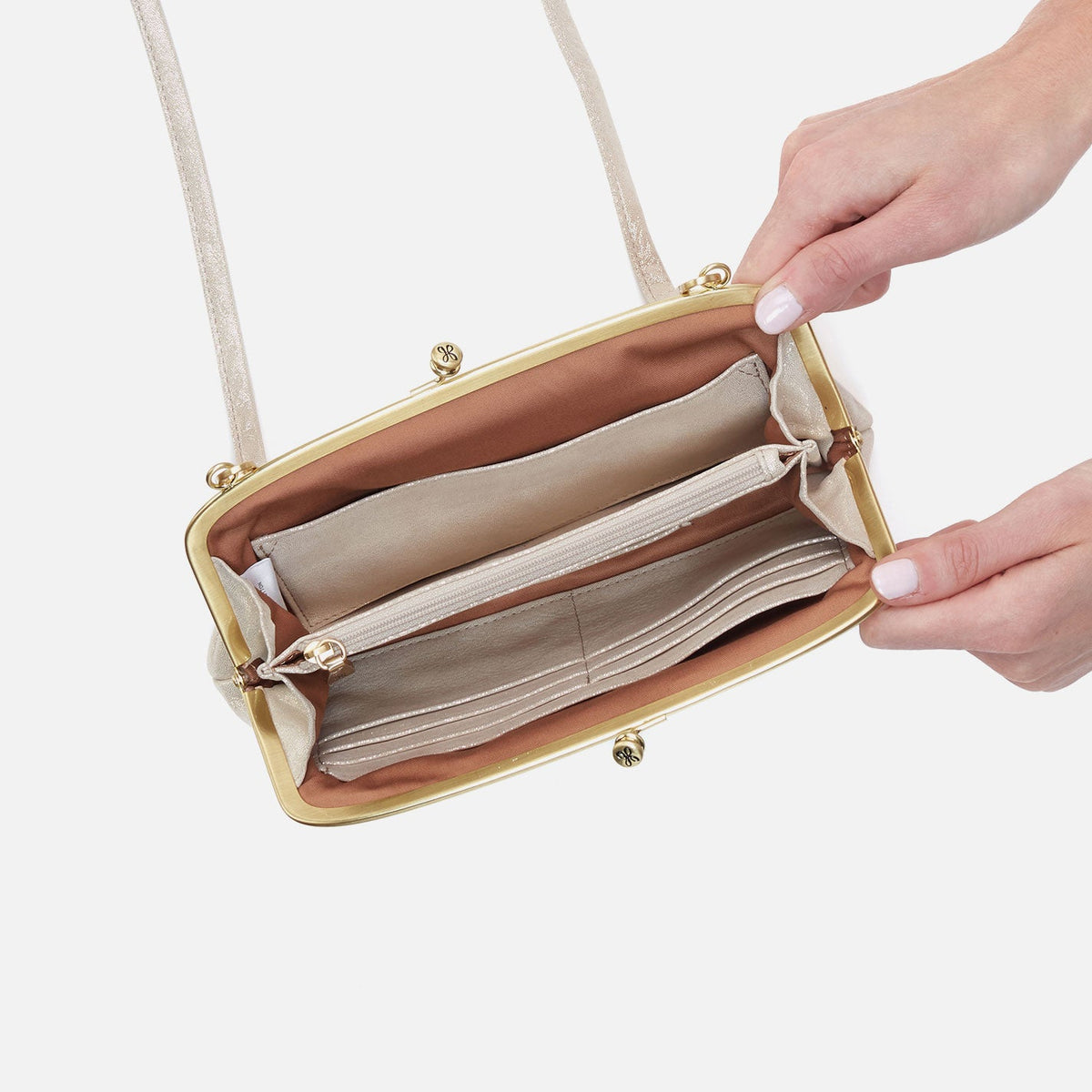Cora Wallet Crossbody In Metallic Leather - Sand Shimmer | HOBO Top Pick