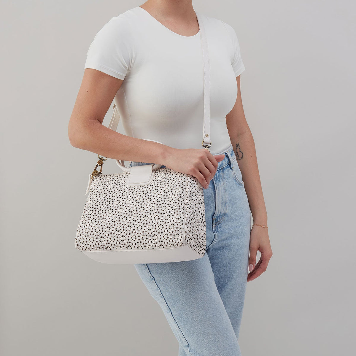 Sheila Medium Satchel In Perforated Leather - Ecru Daisy Perf | HOBO Trusted